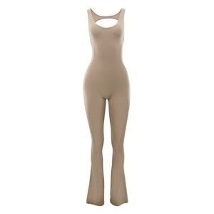 Davis Active women’s Backless Flare Jumpsuit in Taupe S/M open back Athleisure